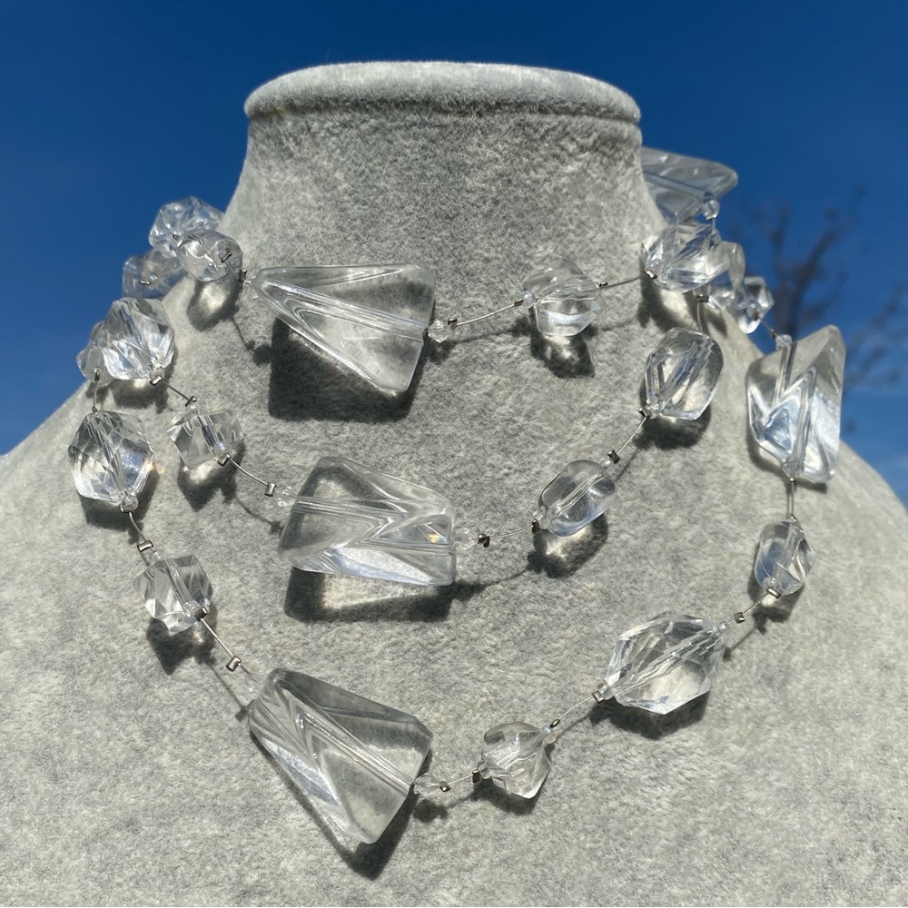 Unusual Suspended Chunky Clear Lucite 46" Long Runway Vintage Statement Necklace